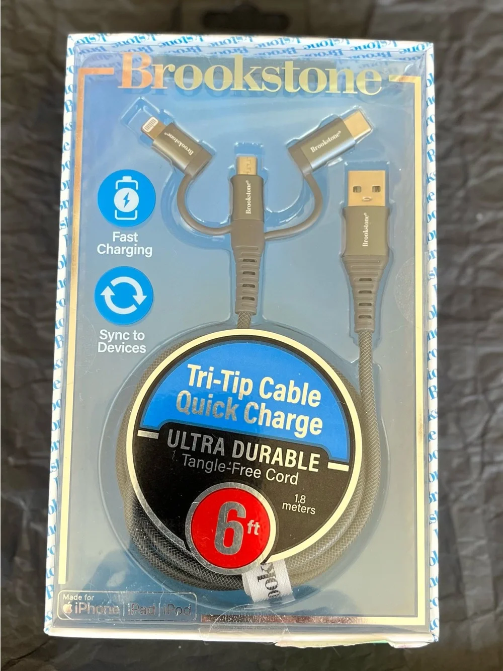 Brookstone Tri-Tip Quick Charge 3-in-1 Cable Black NIP